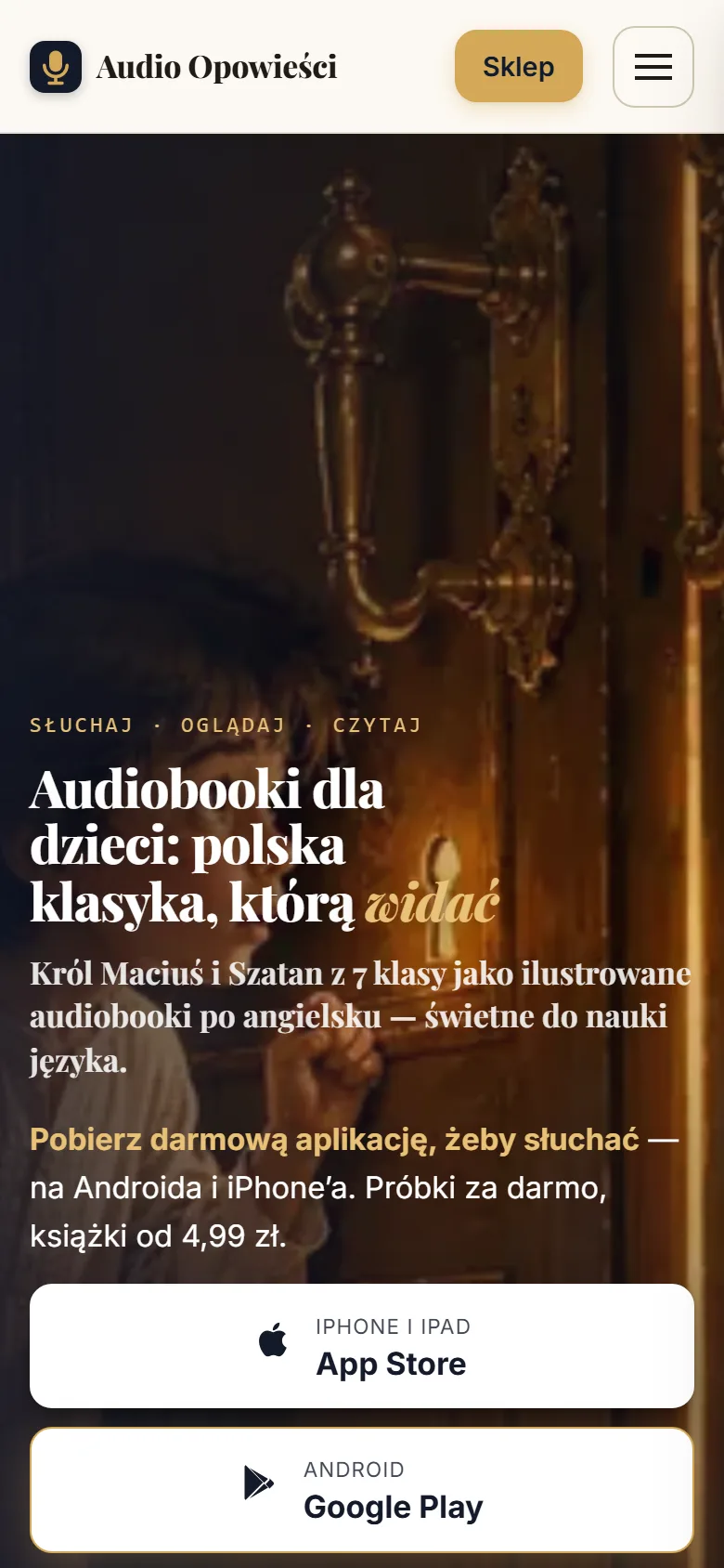 audio-opowiesci.com na telefonie z przyciskami App Store i Google Play