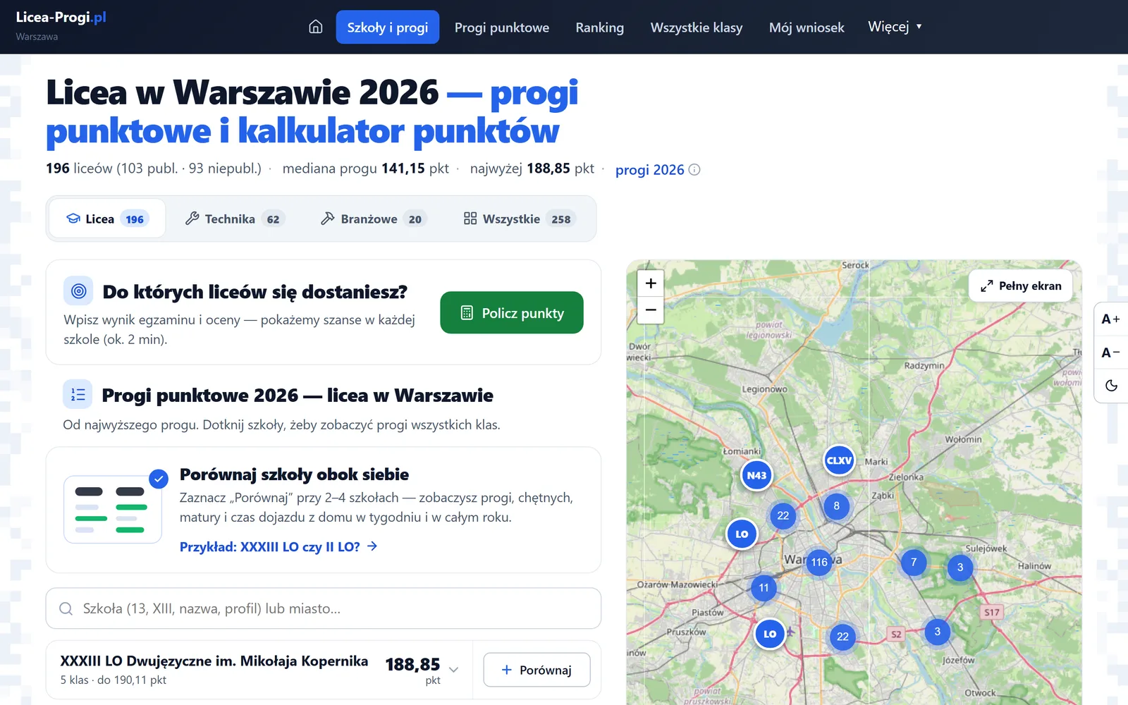 licea-progi.pl na komputerze: licea w Warszawie z progami punktowymi i mapą