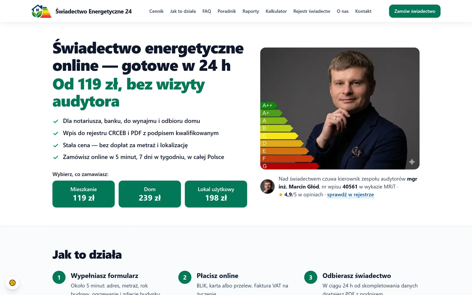 swiadectwo-energetyczne24.pl na komputerze: świadectwo energetyczne online z cenami
